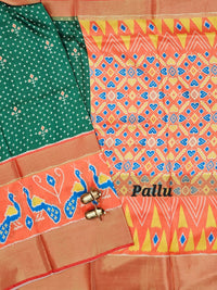 Pochampally Art Silk Saree - Green with Orange