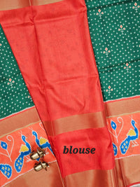 Pochampally Art Silk Saree - Green with Orange