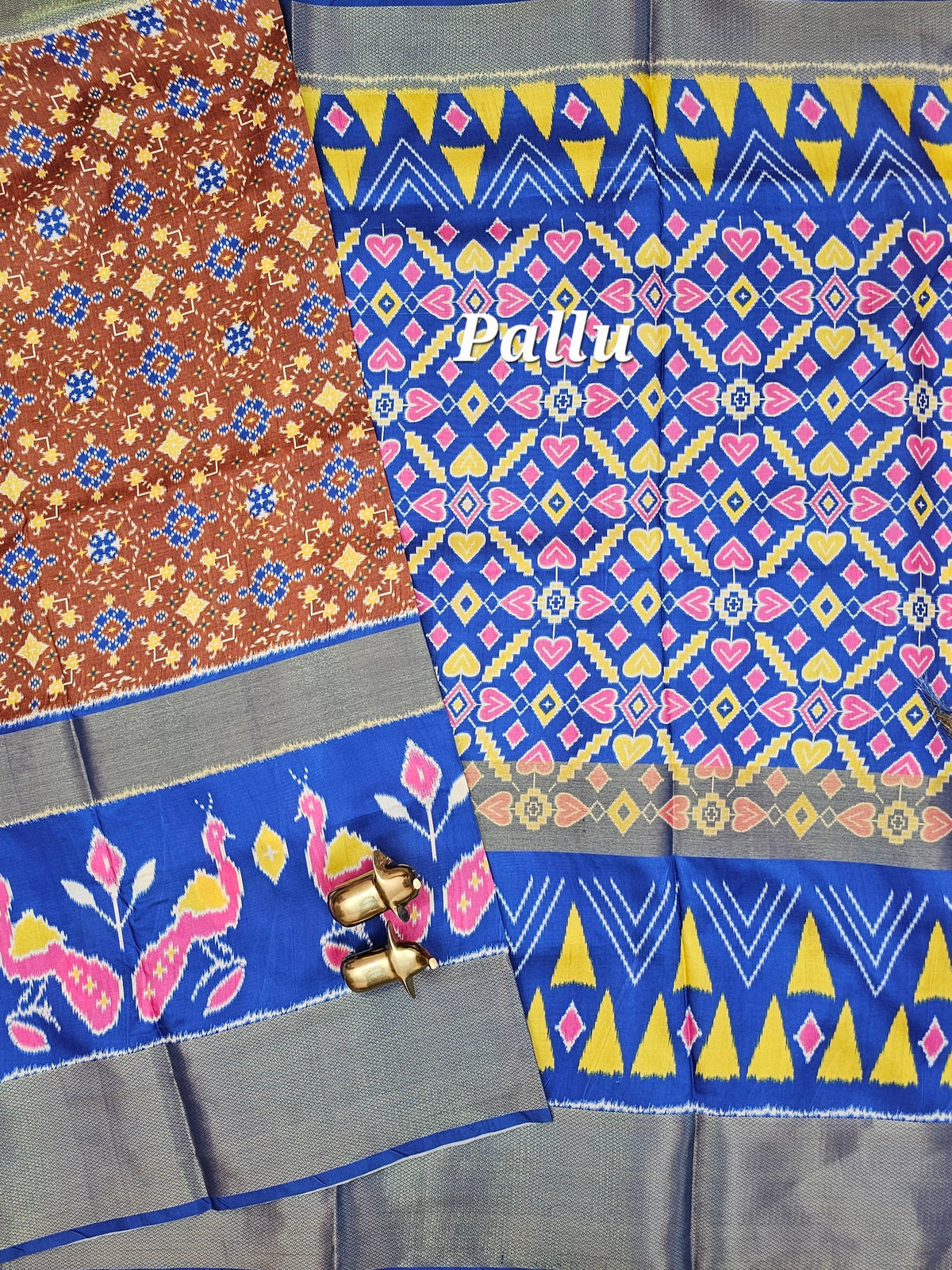 Pochampally Art Silk Saree - Brown with Blue