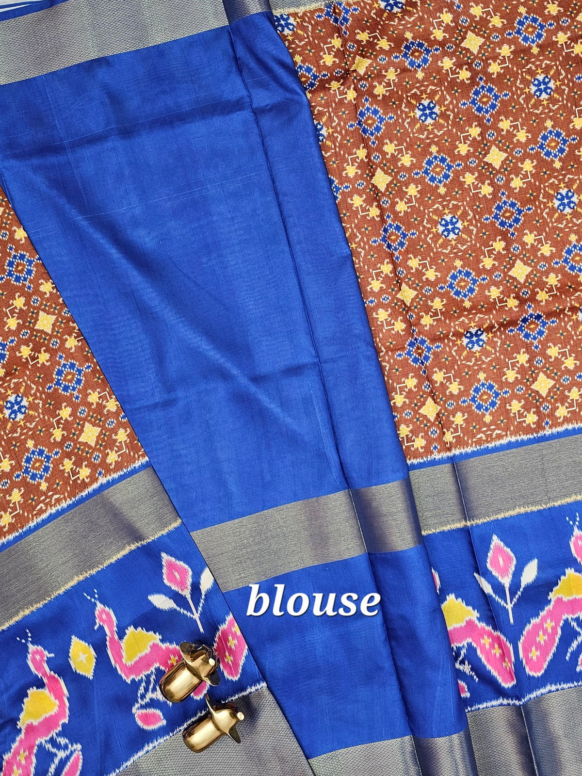 Pochampally Art Silk Saree - Brown with Blue