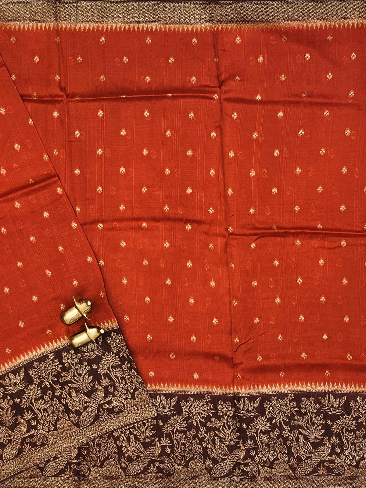 Jute Banarasi Silk Saree - Rust Orange with Brown