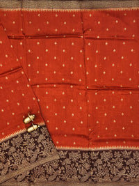 Jute Banarasi Silk Saree - Rust Orange with Brown