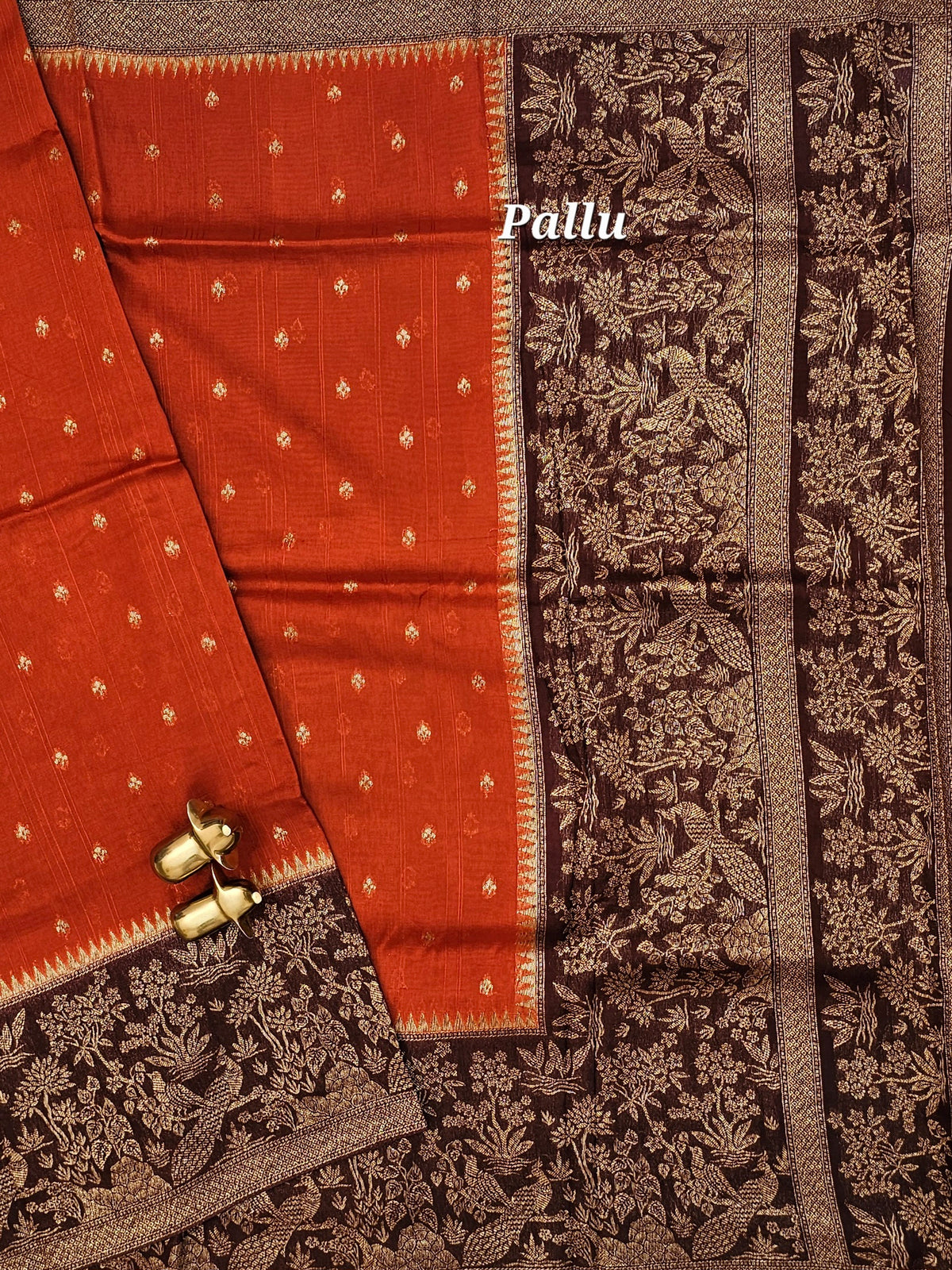 Jute Banarasi Silk Saree - Rust Orange with Brown