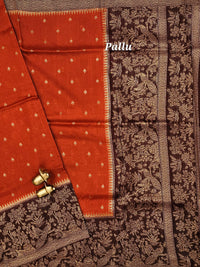 Jute Banarasi Silk Saree - Rust Orange with Brown