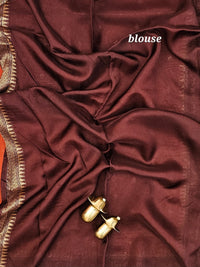 Jute Banarasi Silk Saree - Rust Orange with Brown
