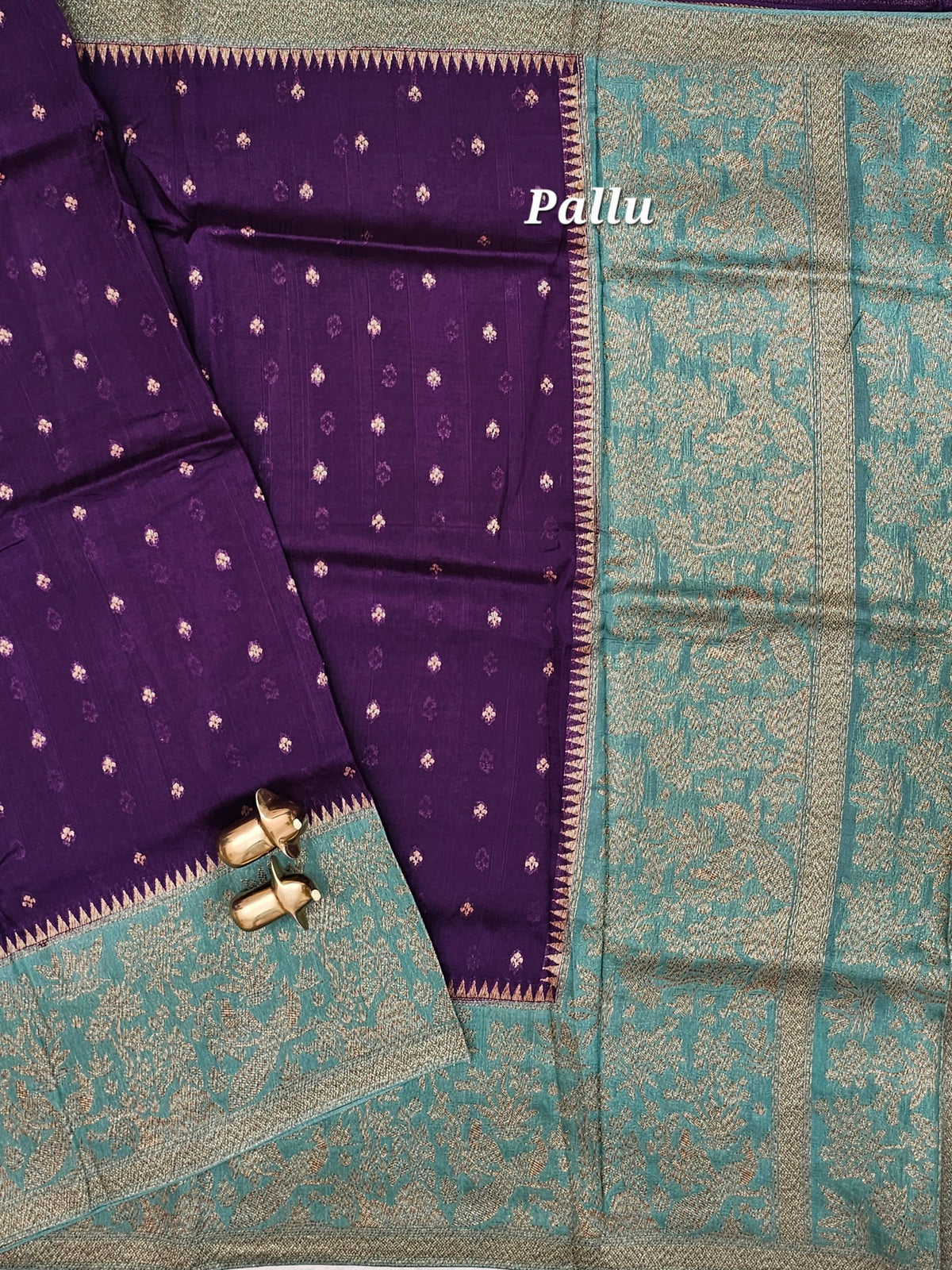 Jute Banarasi Silk Saree -  Dark Purple with Sea Green
