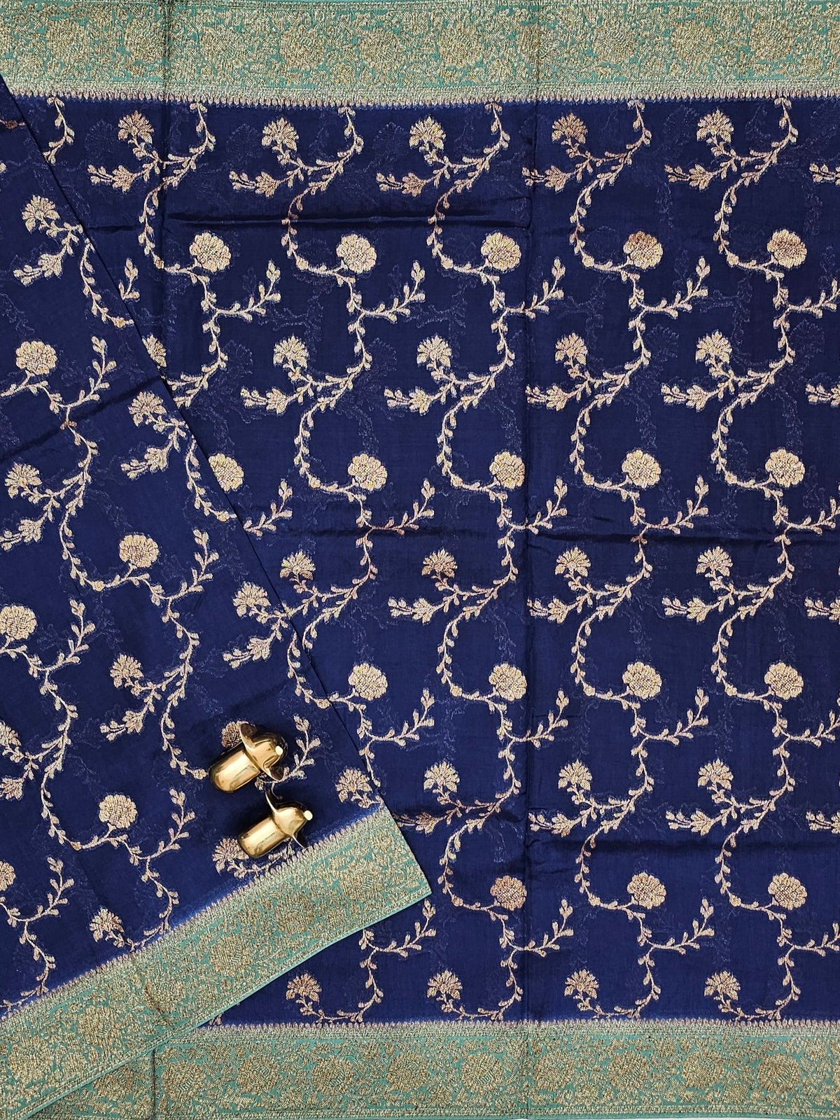 Jute Banarasi Silk Saree - Navy Blue with Sea Green