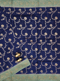 Jute Banarasi Silk Saree - Navy Blue with Sea Green