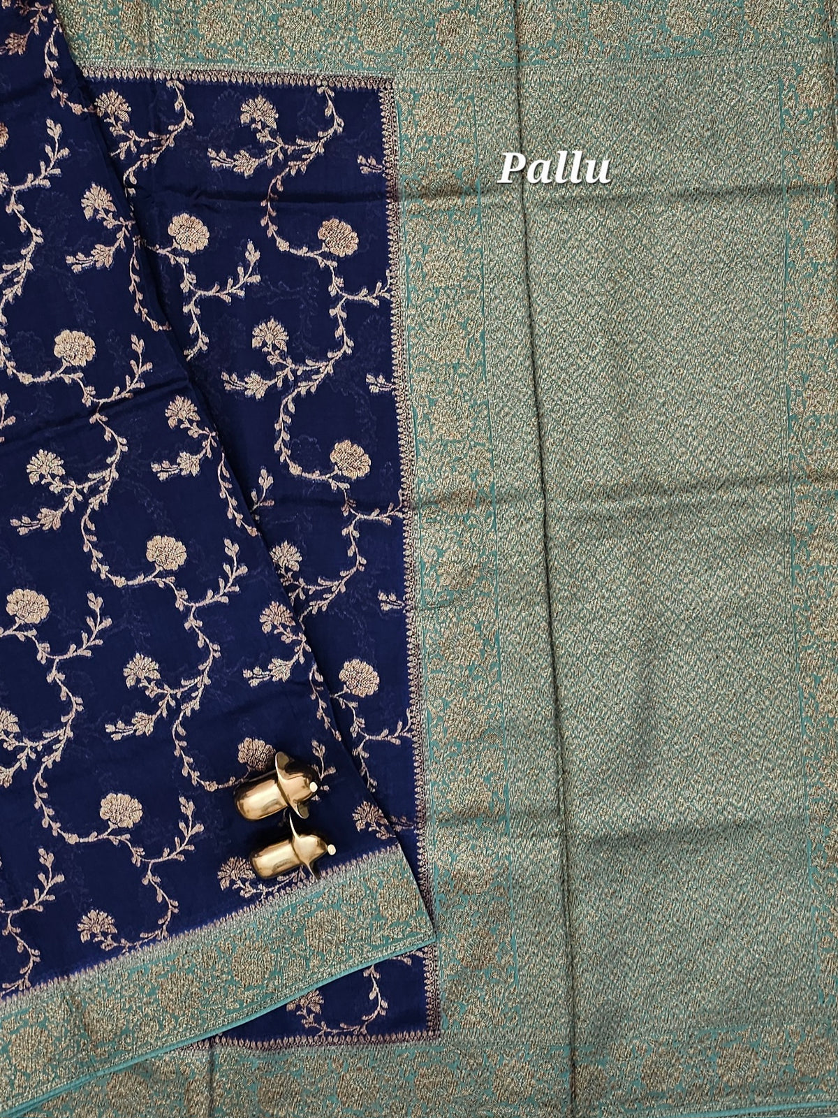 Jute Banarasi Silk Saree - Navy Blue with Sea Green