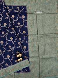 Jute Banarasi Silk Saree - Navy Blue with Sea Green
