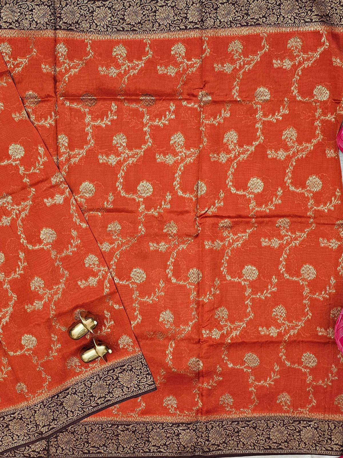 Jute Banarasi Silk Saree - Rust Orange with Brown