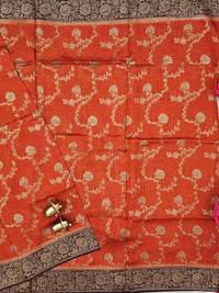Jute Banarasi Silk Saree - Rust Orange with Brown