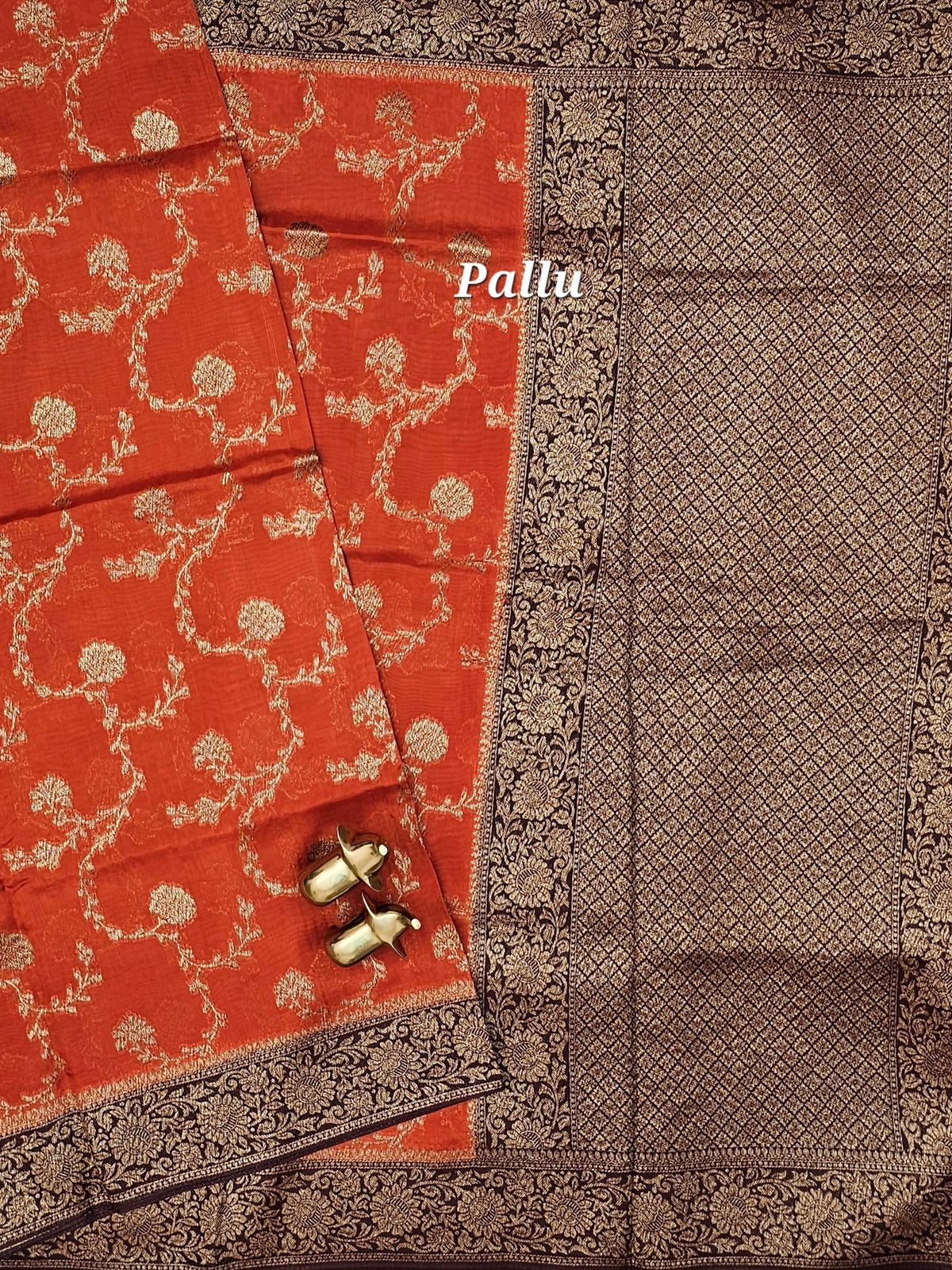 Jute Banarasi Silk Saree - Rust Orange with Brown