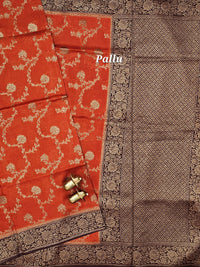 Jute Banarasi Silk Saree - Rust Orange with Brown