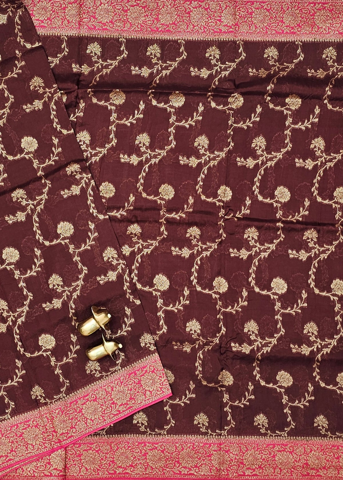 Jute Banarasi Silk Saree - Coffee Brown with Pink