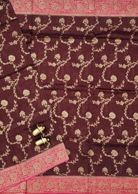 Jute Banarasi Silk Saree - Coffee Brown with Pink