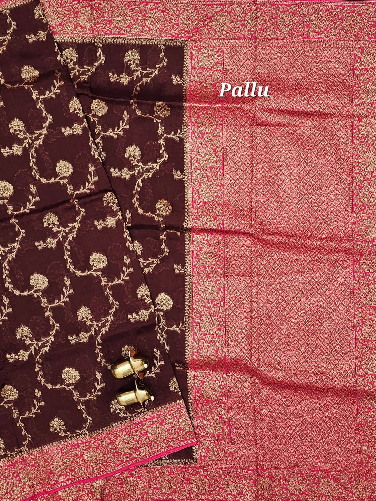 Jute Banarasi Silk Saree - Coffee Brown with Pink