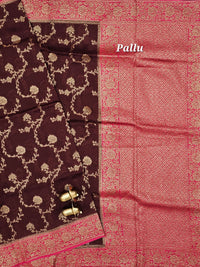 Jute Banarasi Silk Saree - Coffee Brown with Pink