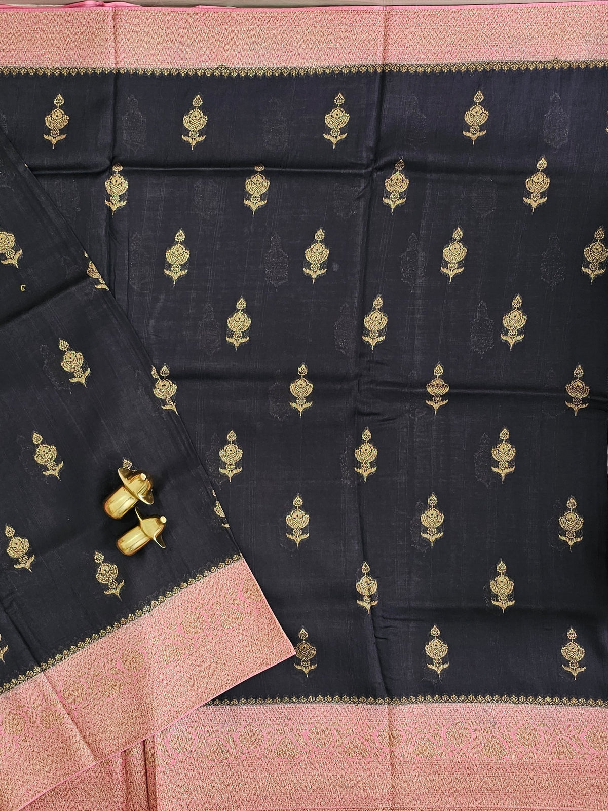 Jute Banarasi Silk Saree -  Black with Pink