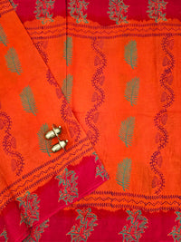 Pure Cotton with Hand Block Prints - Orange with Red