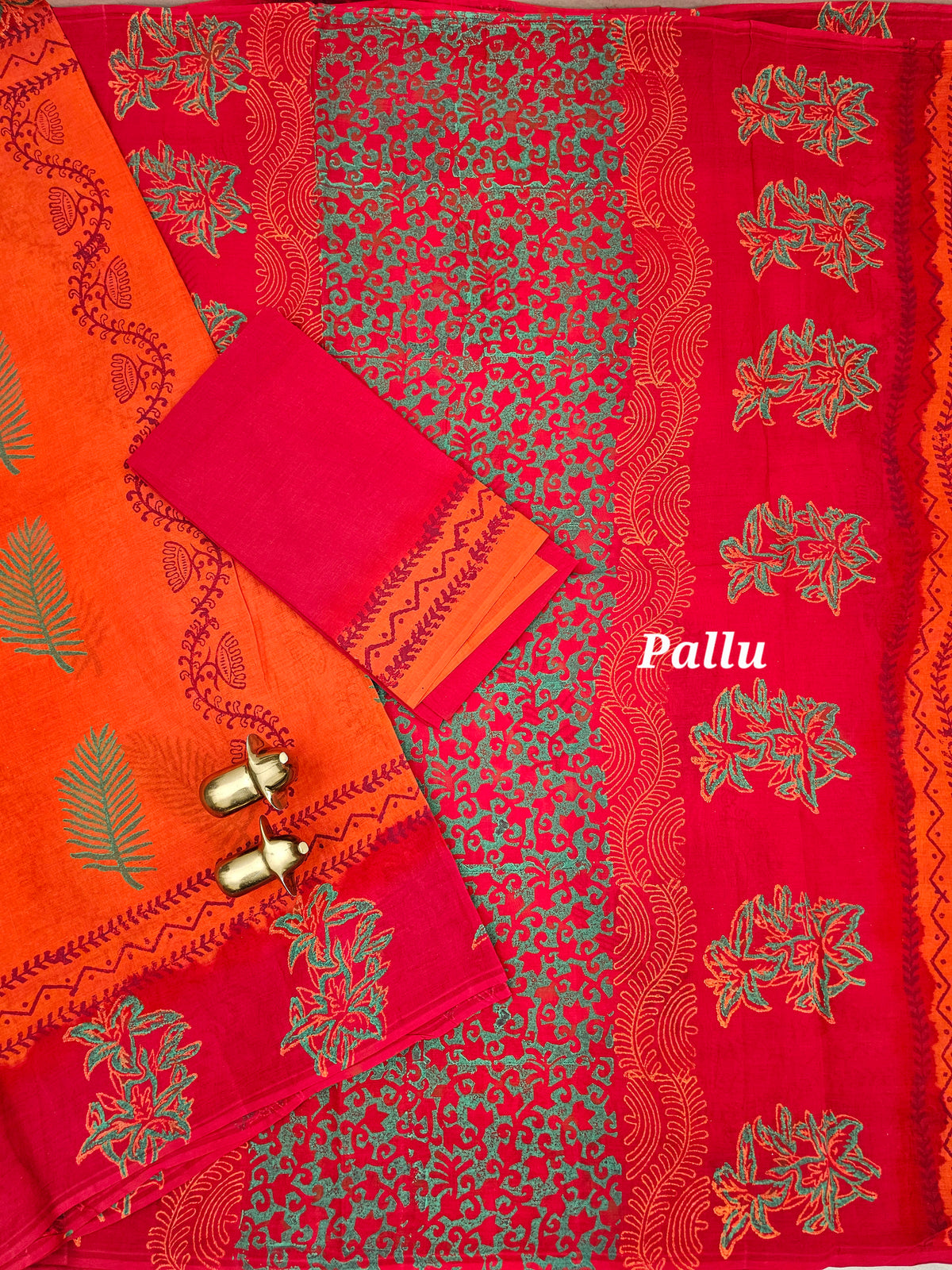 Pure Cotton with Hand Block Prints - Orange with Red