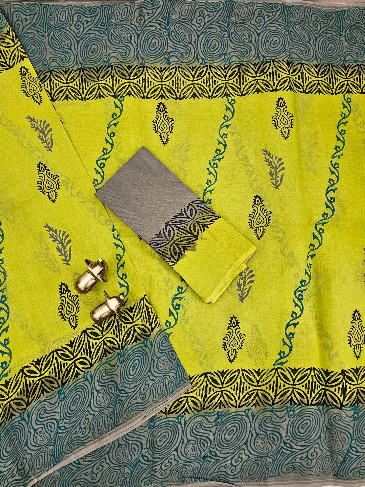 Pure Cotton with Hand Block Prints - Green with Grey