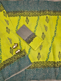 Pure Cotton with Hand Block Prints - Green with Grey
