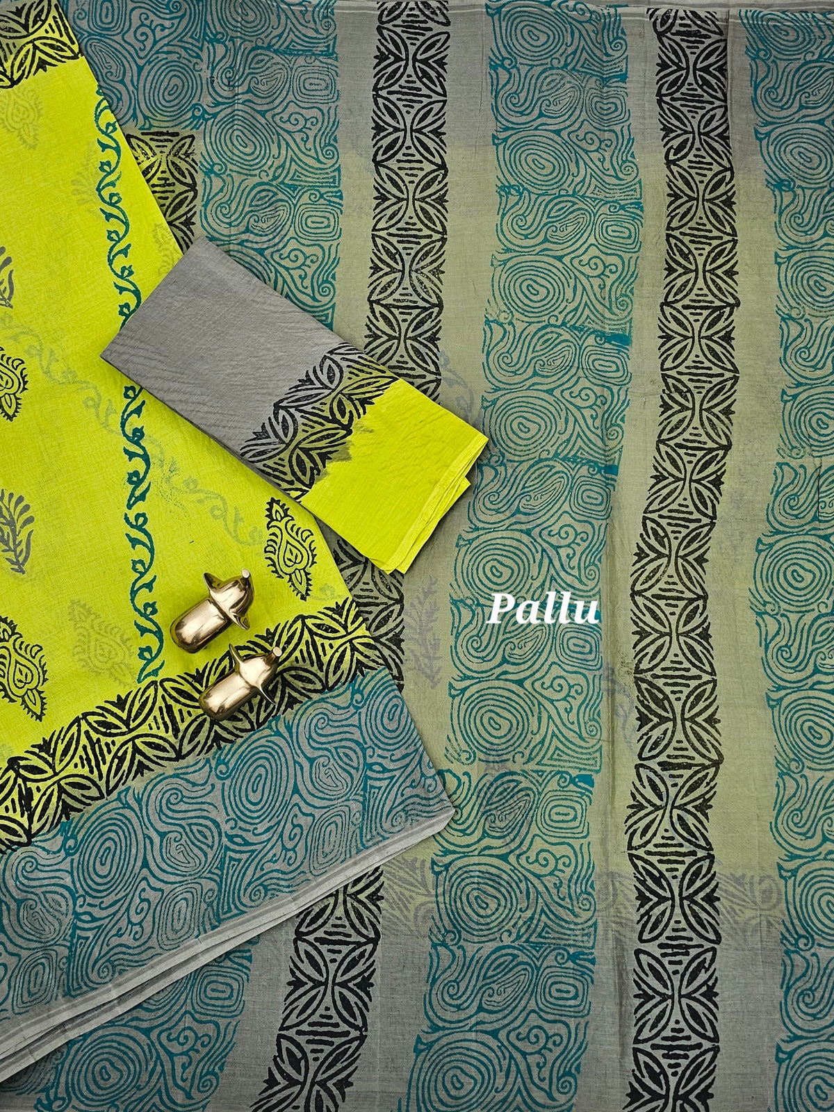 Pure Cotton with Hand Block Prints - Green with Grey