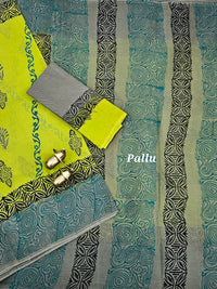 Pure Cotton with Hand Block Prints - Green with Grey