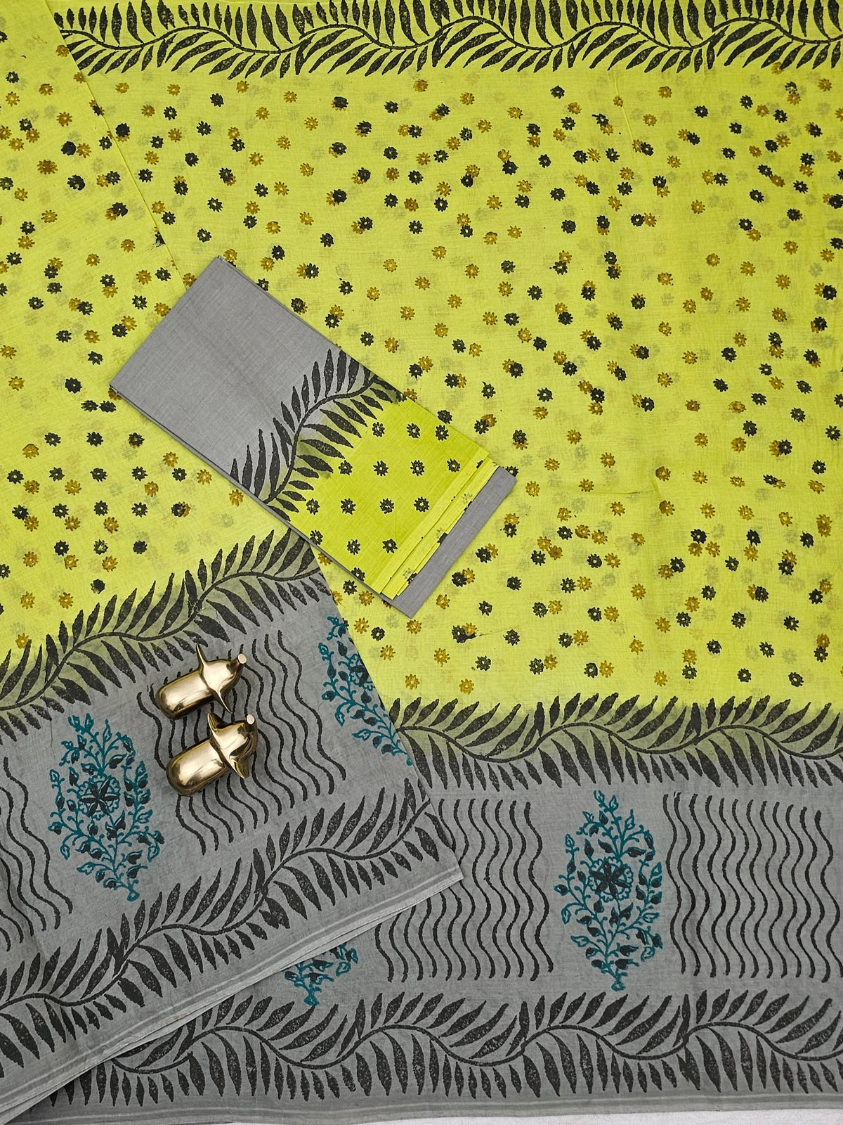 Pure Cotton with Hand Block  Prints - Green with Grey