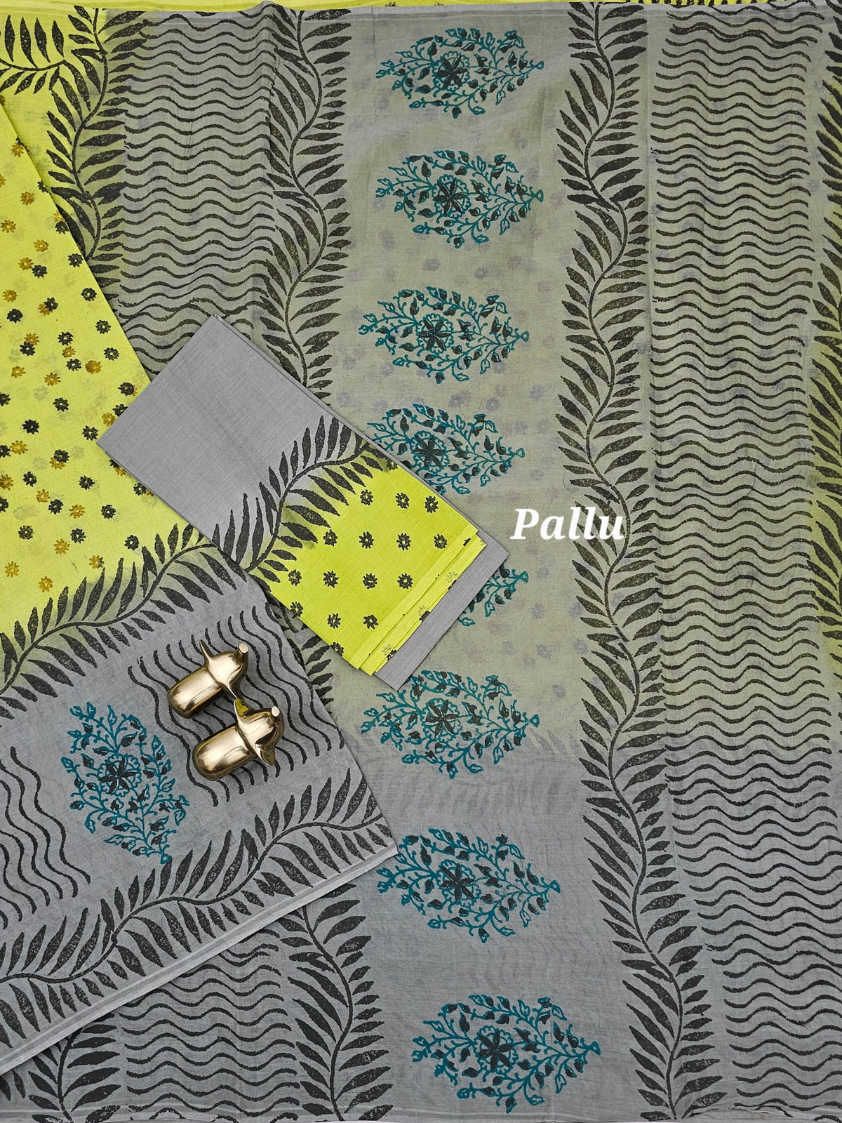 Pure Cotton with Hand Block  Prints - Green with Grey