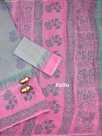 Pure Cotton with Hand Block Prints - Grey with Pink