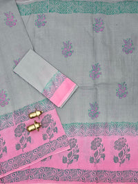 Pure Cotton with Hand Block Prints - Grey with Pink