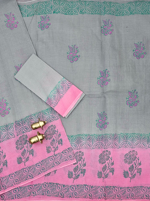 Pure Cotton with Hand Block Prints - Grey with Pink