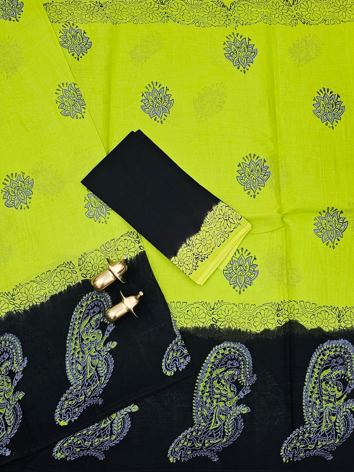 Pure Cotton with Hand Block Prints - Green with Black