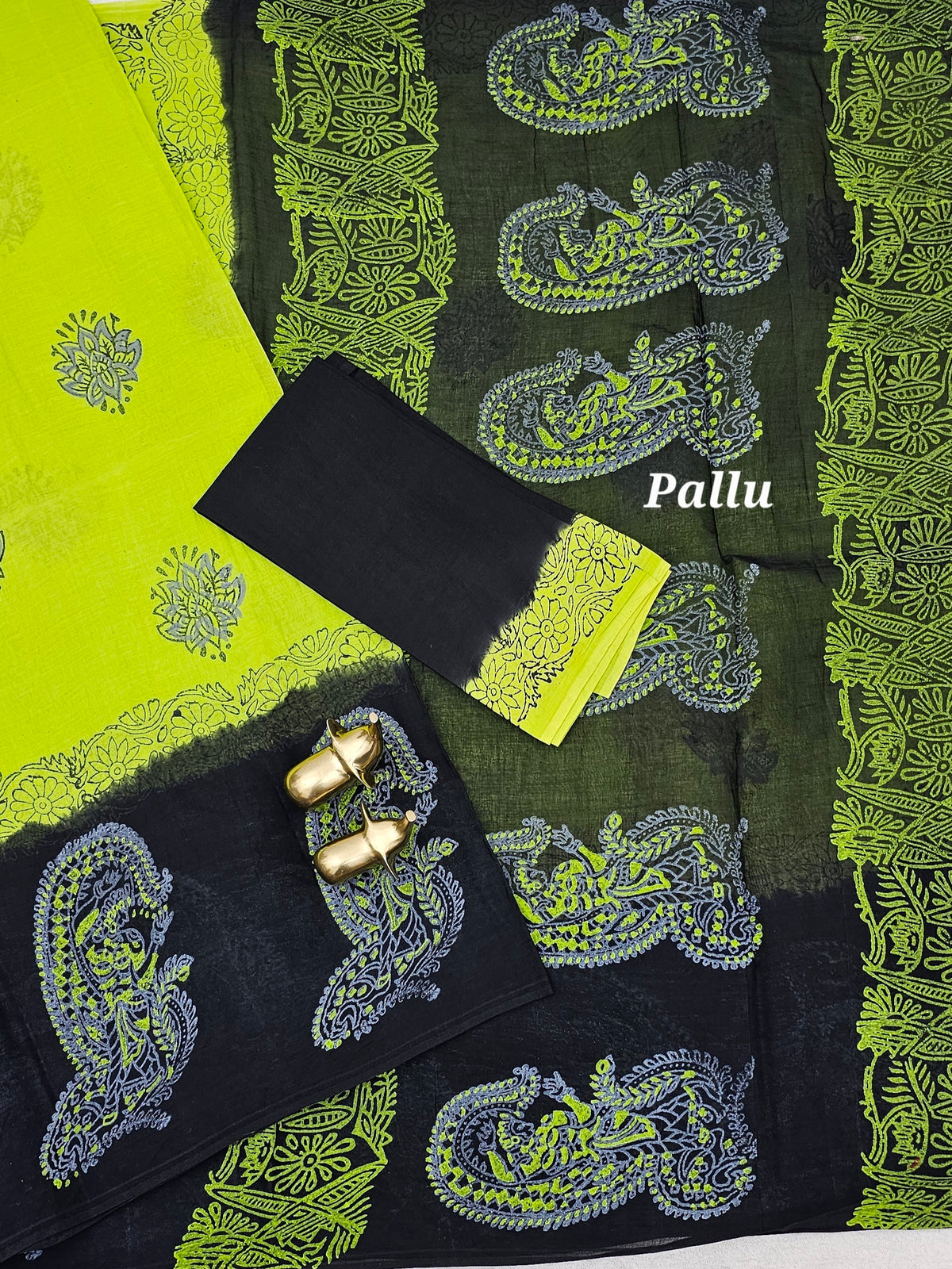 Pure Cotton with Hand Block Prints - Green with Black