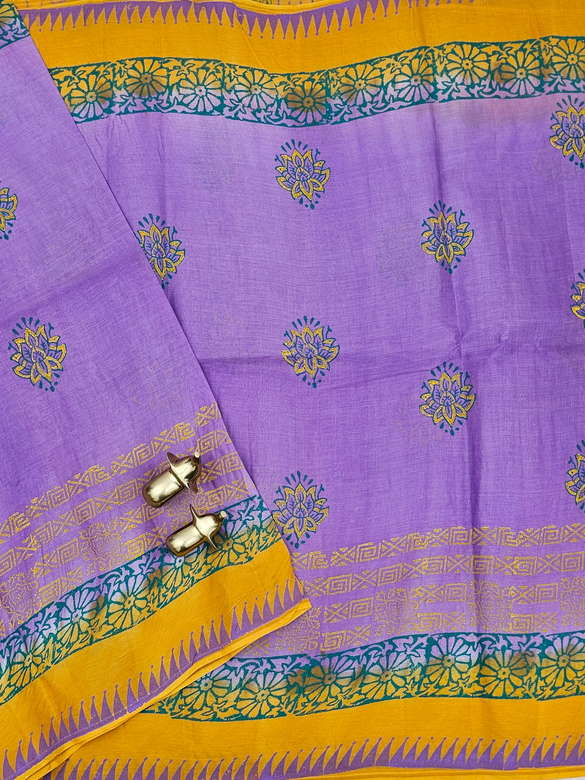 Pure Cotton with Hand Block Prints - Lavender with Yellow