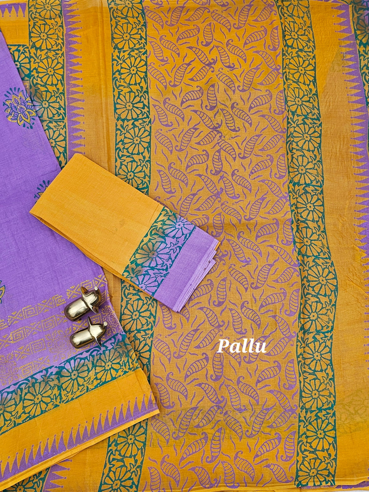 Pure Cotton with Hand Block Prints - Lavender with Yellow