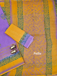 Pure Cotton with Hand Block Prints - Lavender with Yellow