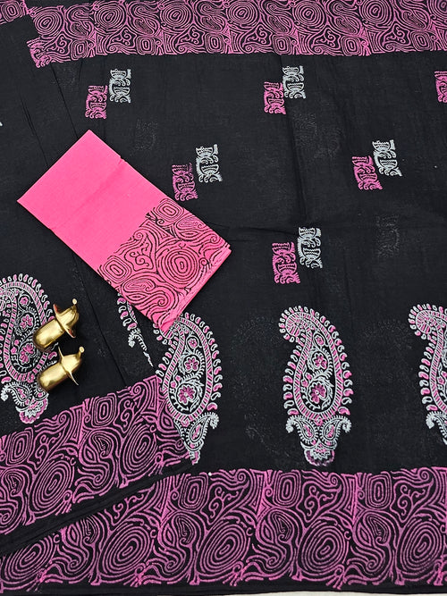Pure Cotton with Hand Block Prints - Black with Pink