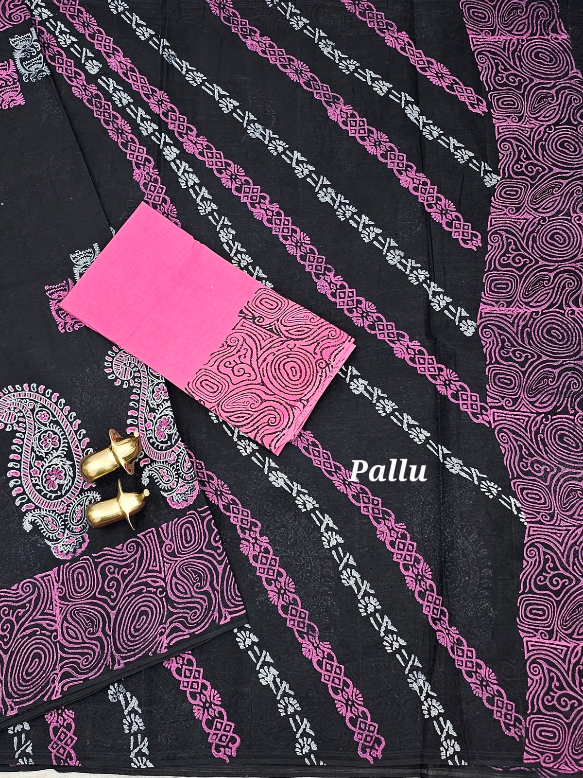 Pure Cotton with Hand Block Prints - Black with Pink