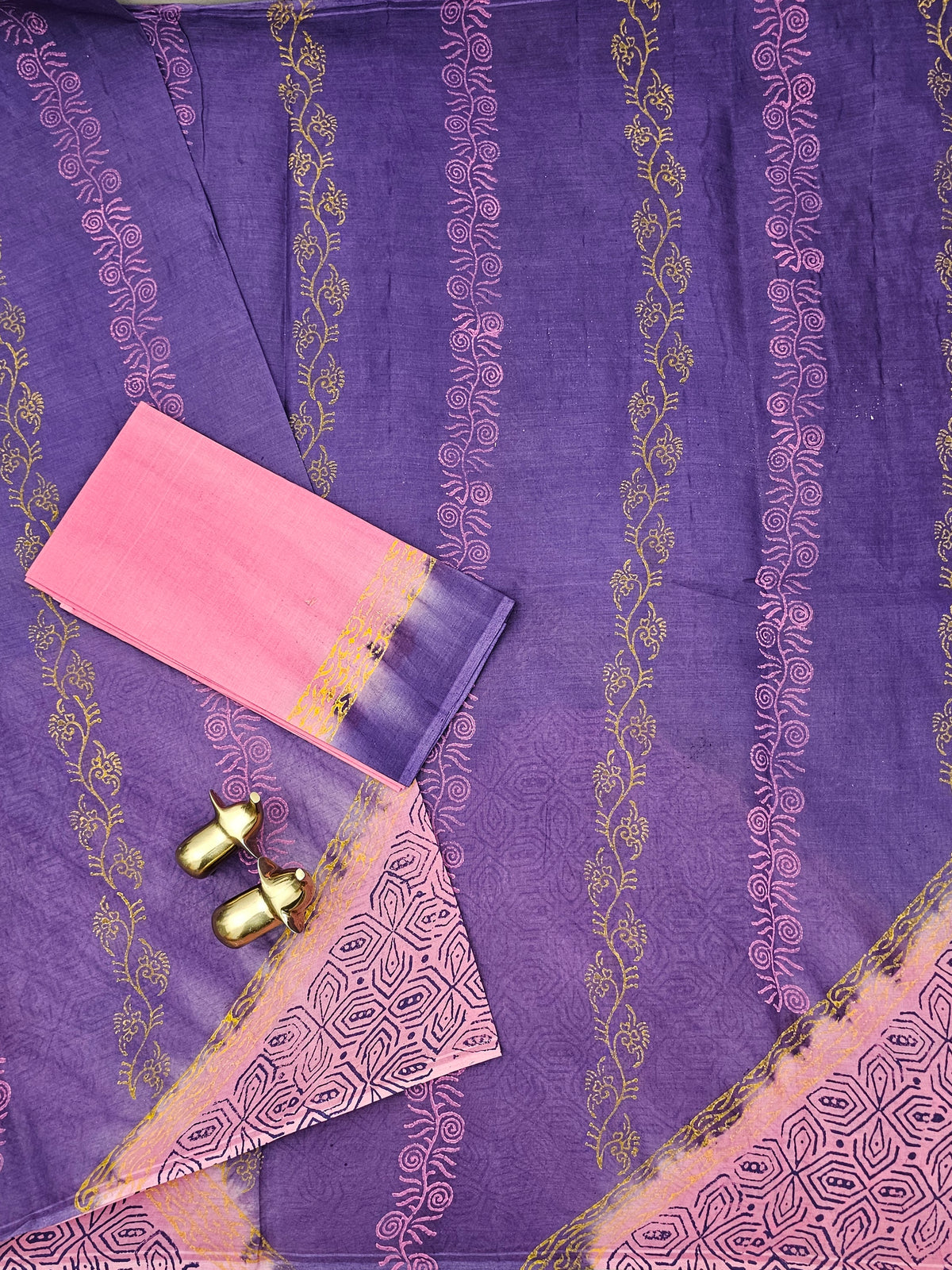 Pure Cotton with Hand Block Prints - Violet with Pink