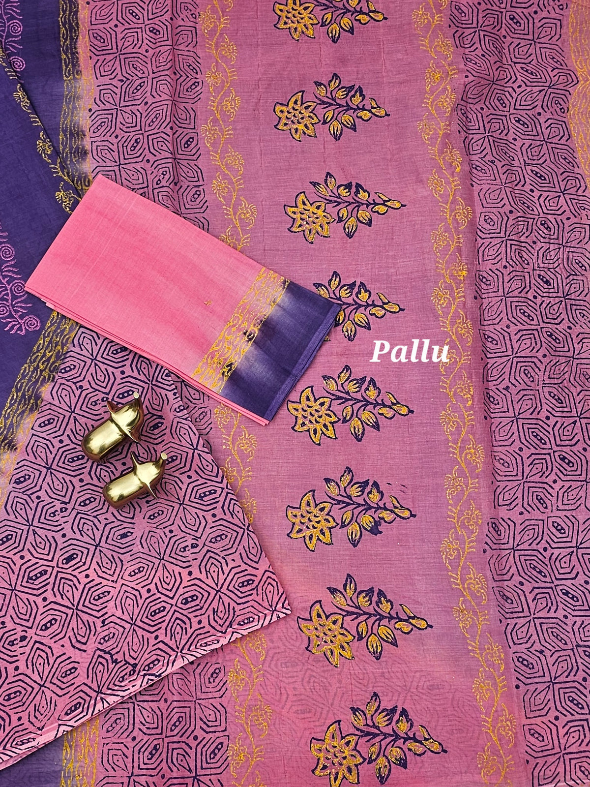 Pure Cotton with Hand Block Prints - Violet with Pink
