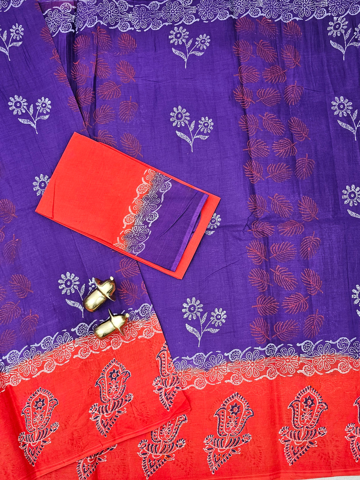 Pure Cotton with Hand Block  Prints - Purple with Orange