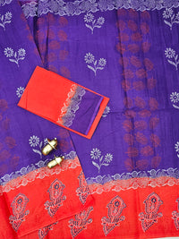 Pure Cotton with Hand Block  Prints - Purple with Orange