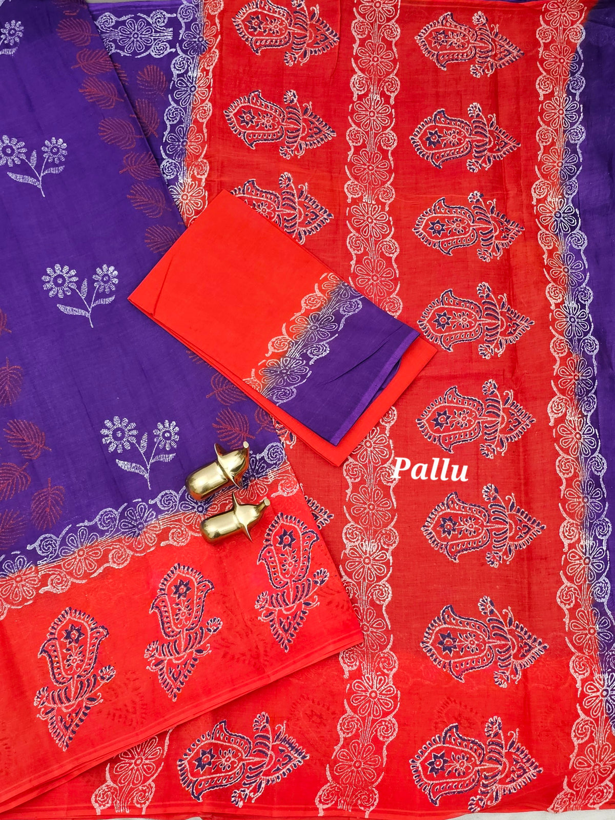 Pure Cotton with Hand Block  Prints - Purple with Orange
