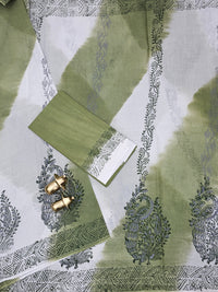 Pure Cotton with Hand Block  Prints - Green with White