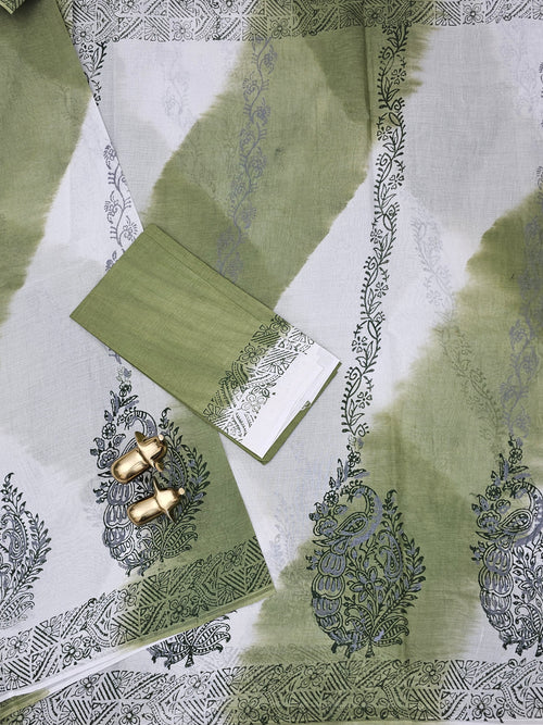 Pure Cotton with Hand Block  Prints - Green with White