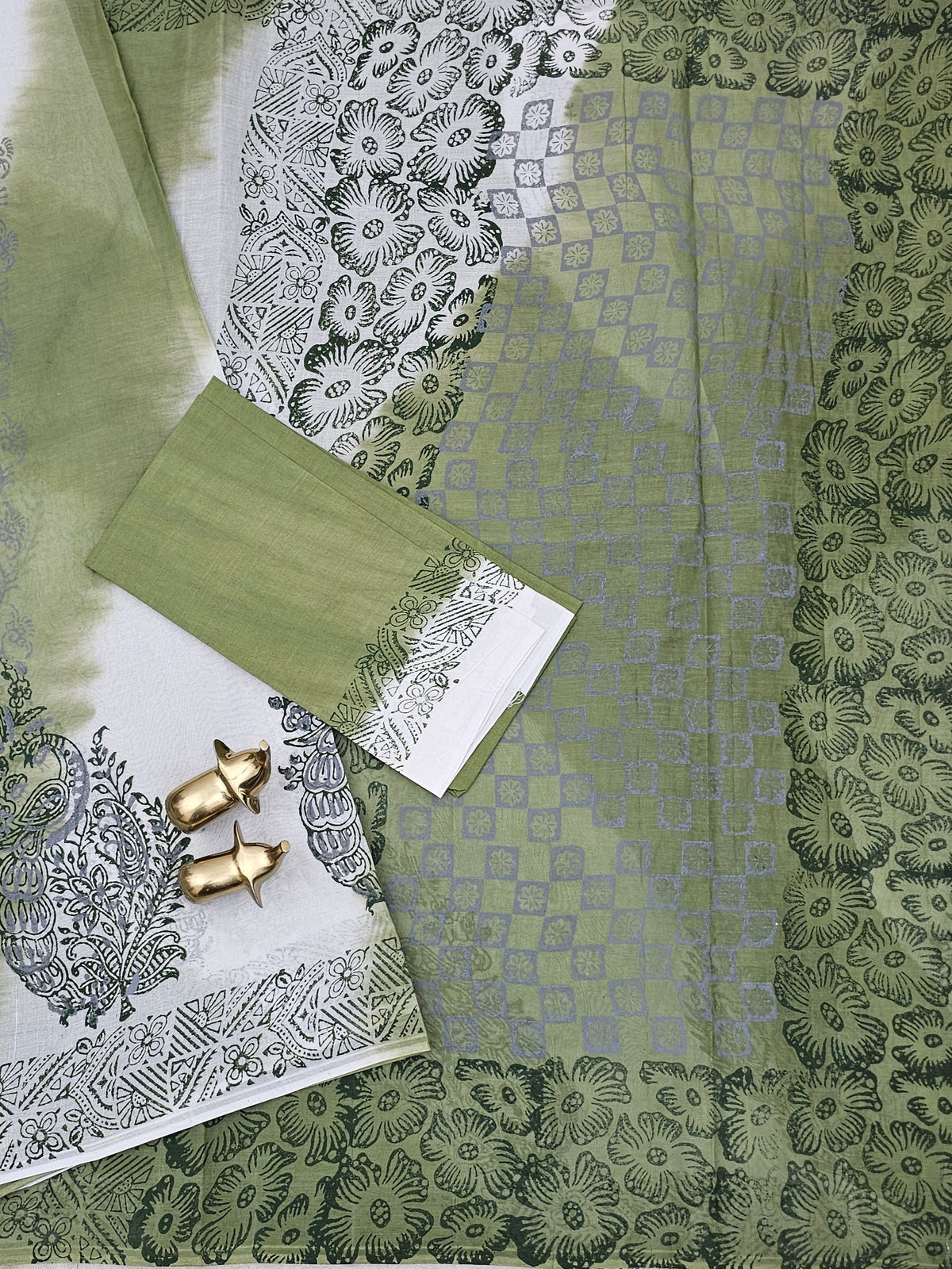 Pure Cotton with Hand Block  Prints - Green with White