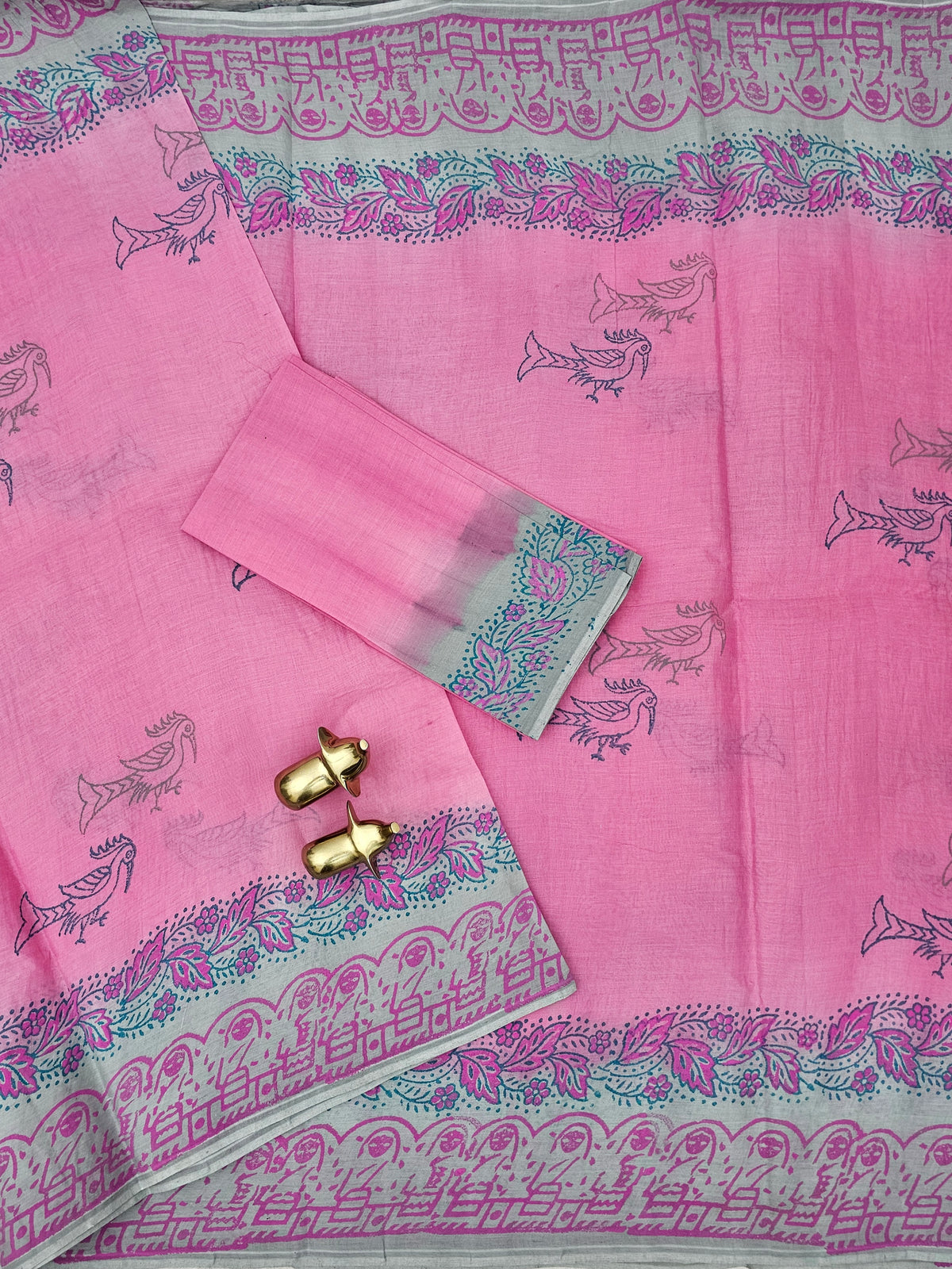 Pure Cotton with Hand Block  Prints - Pink with Grey